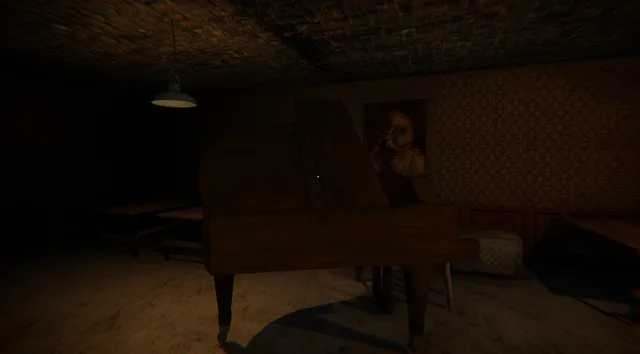 A dim room with a grand piano and a disturbing portrait of a disfigured face on the wall