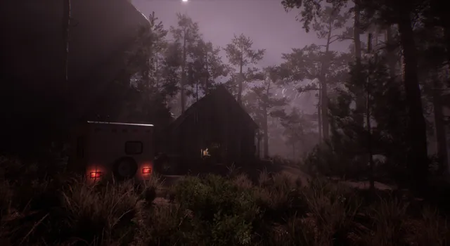 The Devourer: an old camper van parked by a wooden cabin in a dark pine forest at night