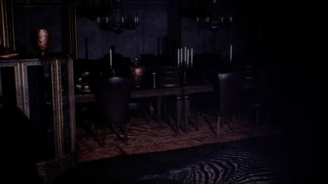 The Devourer: a candle-lit dining room with dark leather chairs and gilded cabinets