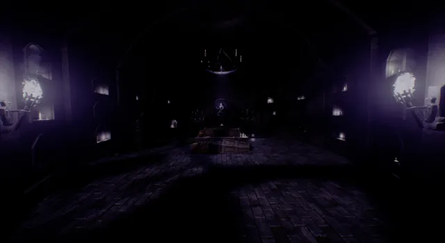 The Devourer: a dark stone hall lit by flaming wall sconces and a chandelier