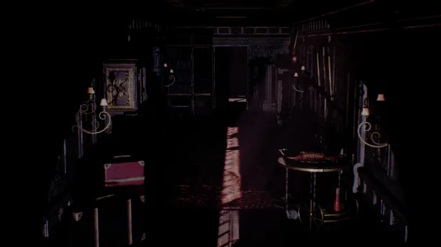 The Devourer: a dim library with shelves, candles and a tea trolley