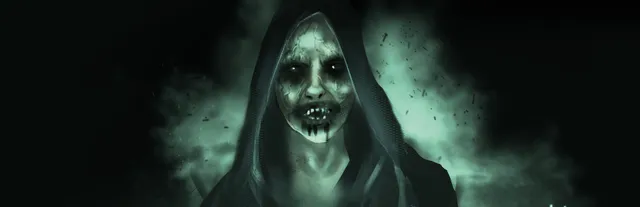 The Devourer key art: a hooded woman with a pale, rotting face and bleeding mouth in green mist
