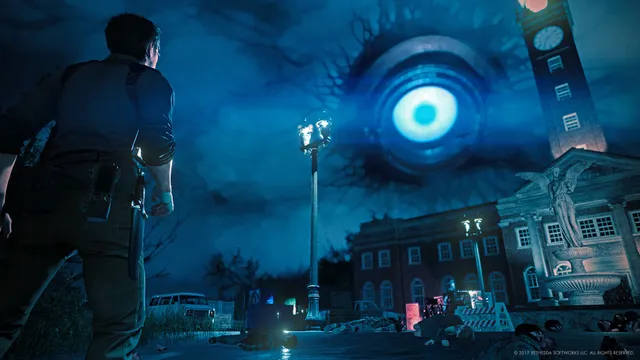 The Evil Within 2 screenshot: Sebastian walks through Union at night under a giant glowing eye in the sky