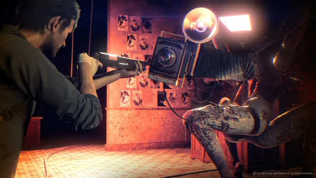 The Evil Within 2 screenshot: Sebastian aims a shotgun at a creature with a camera for a head