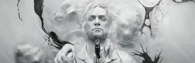 The Evil Within 2 key art: a pale, monochrome Sebastian Castellanos with a cable at his mouth among dark tendrils