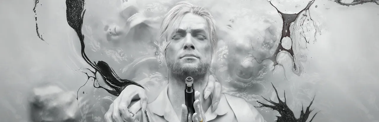 The Evil Within 2 key art: a pale, monochrome Sebastian Castellanos with a cable at his mouth among dark tendrils