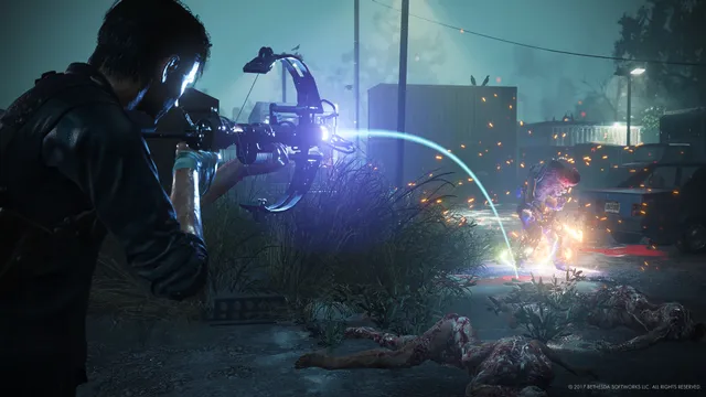 The Evil Within 2 screenshot: Sebastian fires a crossbow bolt at a creature in an overgrown street