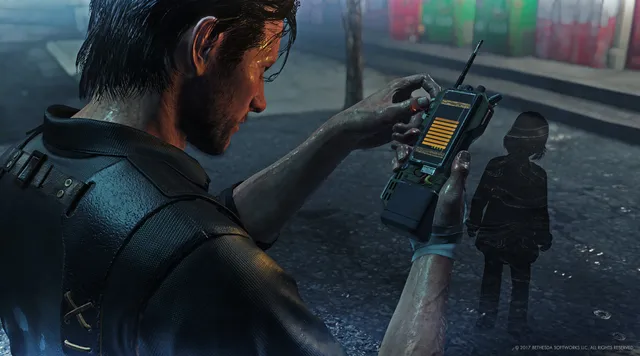 The Evil Within 2 screenshot: Sebastian checks a radio communicator beside a shadowy child figure in the street