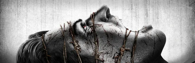 The Evil Within key art: a man's bloodied face wrapped in barbed wire