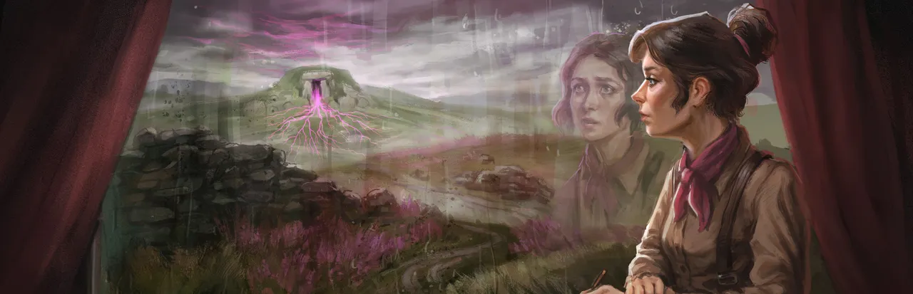 The Excavation of Hob's Barrow art: Thomasina Bateman looks out over a misty moor where a barrow glows with purple light