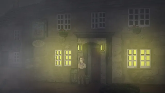 Thomasina outside a village inn with lit windows, wrapped in thick fog at night