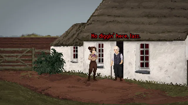 An old man at a thatched cottage door tells Thomasina there is no digging here