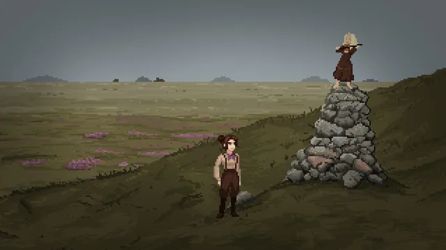 Thomasina stands on an open moor beside a stone cairn with a figure on top