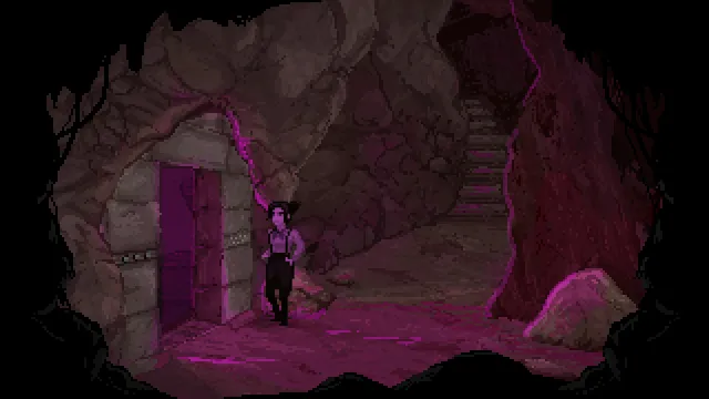 Thomasina in a dark cavern lit in purple, beside a doorway cut into the rock