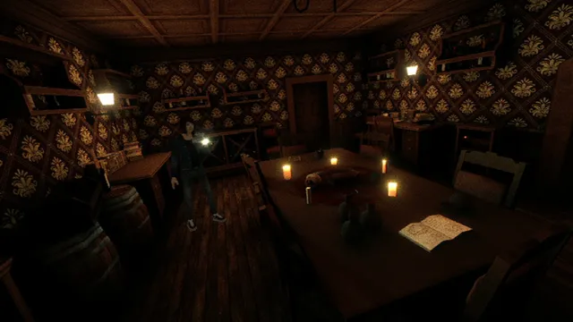 The Fear Business screenshot: Sarah with a flashlight in a candlelit dining room of the Victorian manor with patterned wallpaper