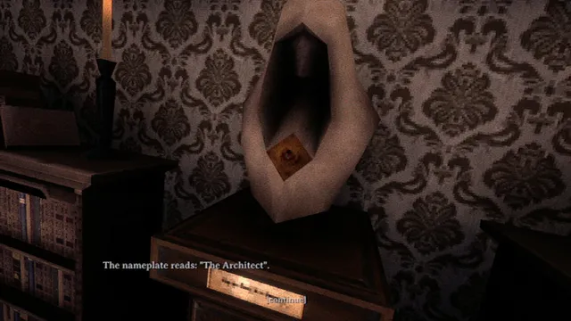 The Fear Business screenshot: a strange pale sculpture on a cabinet whose nameplate reads The Architect