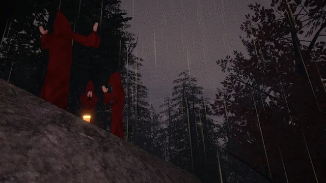The Fear Business screenshot: red-hooded cultists stand on a rock by a candle in a rainy pine forest at dusk