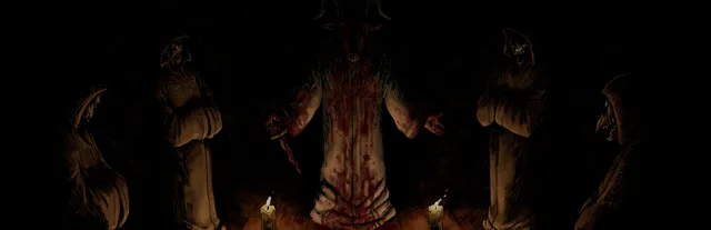 The Fear Business key art: a goat-headed figure in a blood-soaked robe holds a dagger between two candles, flanked by hooded cultists with skull faces