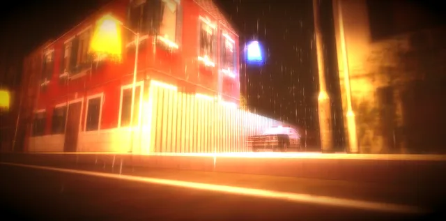 The Final Pin screenshot: a lit building on a rainy town street at night in a blurred, glowing PS1 style