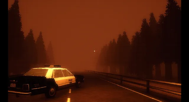 The Final Pin screenshot: an old police car parked on a road at dusk under a red sky, with pine trees along the guardrail