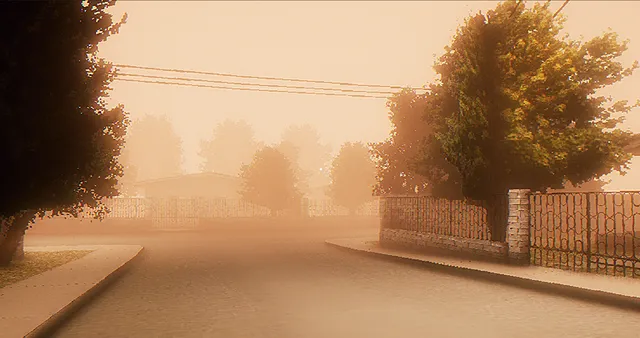 The Final Pin screenshot: an empty town street in thick orange fog, with a fence and trees