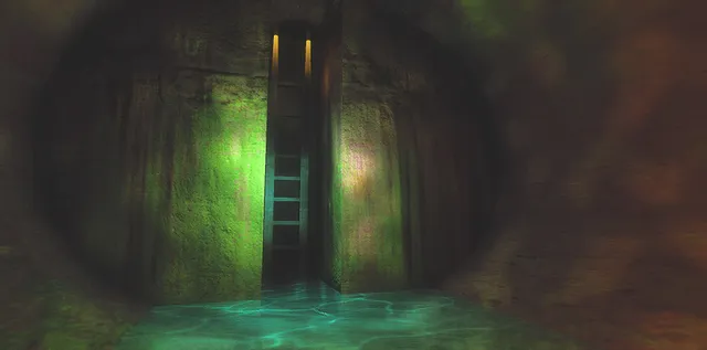 The Final Pin screenshot: a ladder up out of a dim green sewer tunnel