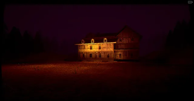 The Final Pin screenshot: a lone two-storey house with lit windows on a dark hill at night