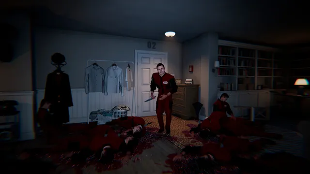 The Floor Above screenshot: a man in a red jumpsuit holding a knife stands among bodies on a bloodied floor by door 02