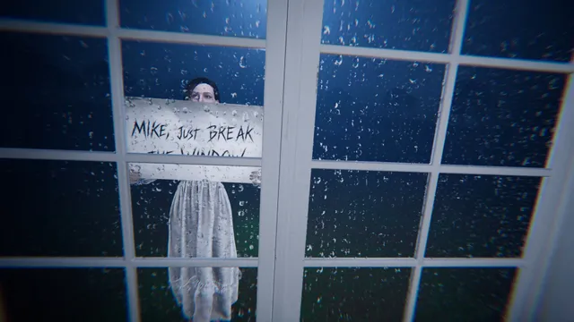 The Floor Above screenshot: a woman outside a rain-streaked window holds a sign reading Mike, just break the window