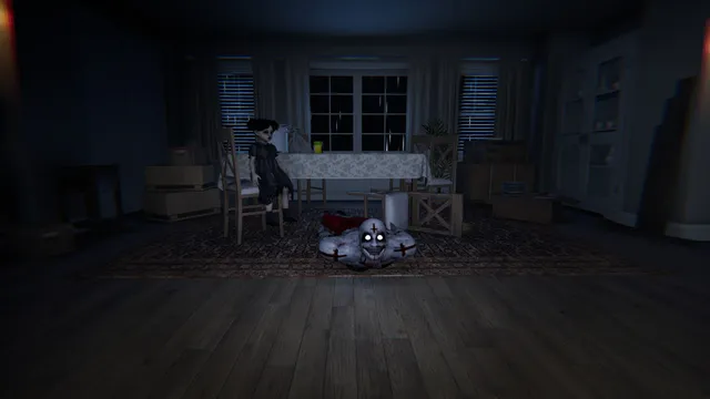 The Floor Above screenshot: a dark dining room with a doll-like girl on a chair and a pale crawling figure with glowing eyes on the rug