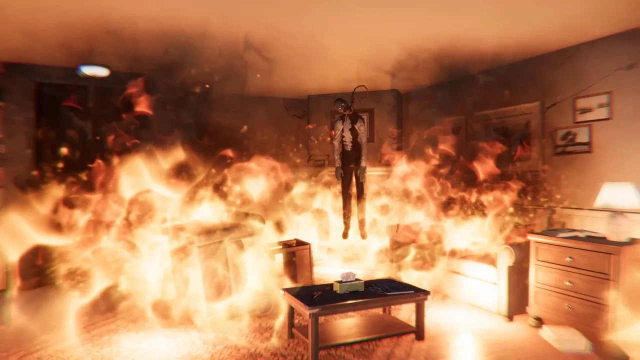 The Floor Above screenshot: a living room in flames with a body hanging from the ceiling above a coffee table