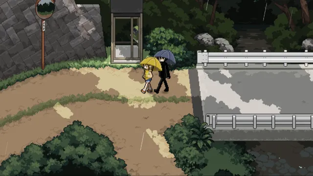 The Forest of Drizzling Rain screenshot: Shiori with a yellow umbrella and Suga with a dark one walk a rainy village road by a bridge