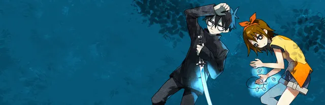 The Forest of Drizzling Rain art: Suga holding a glowing blade and Shiori clutching a glowing blue orb against a dark blue background