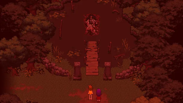 The Forest of Drizzling Rain screenshot: a forest bathed in red, with two girls facing a wooden walkway to a ghostly figure