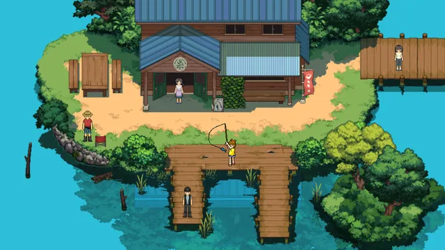 The Forest of Drizzling Rain screenshot: Shiori fishing from a wooden pier by a village shop on bright blue water
