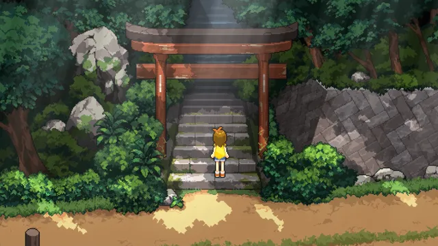 The Forest of Drizzling Rain screenshot: Shiori stands before a red torii gate and stone steps leading up into the forest