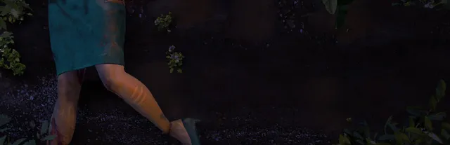The Forest art: the legs of a cannibal in a ragged blue skirt walking through dark undergrowth