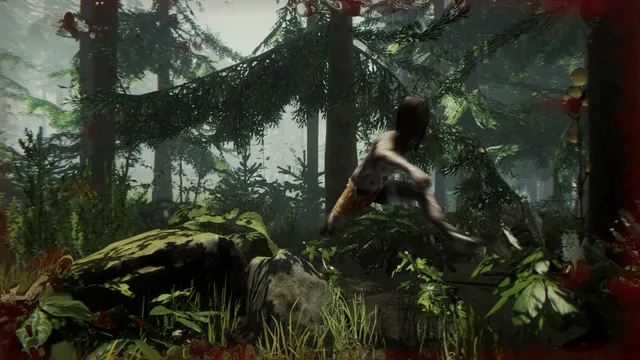 The Forest screenshot: a bloody blurred view of a pale cannibal leaping through bright green forest
