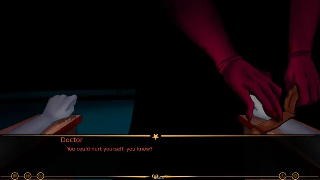 The Freak Circus screenshot: a gloved red hand reaches toward a pale hand on a table in the dark as the Doctor speaks