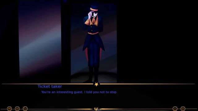 The Freak Circus screenshot: the ticket taker in a top hat and half mask stands in a dark doorway