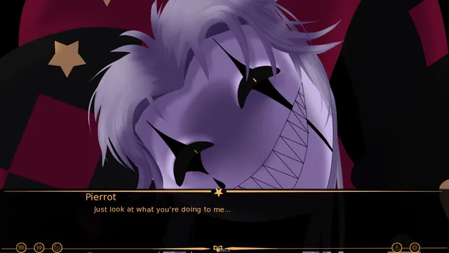 The Freak Circus screenshot: a close-up of Pierrot's grinning face tilted over the text box