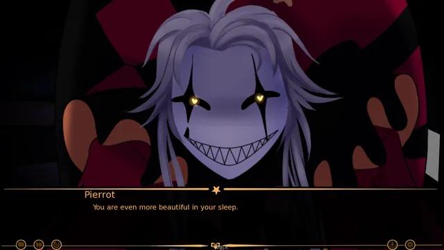 The Freak Circus screenshot: Pierrot leans close with glowing heart eyes and says you are even more beautiful in your sleep