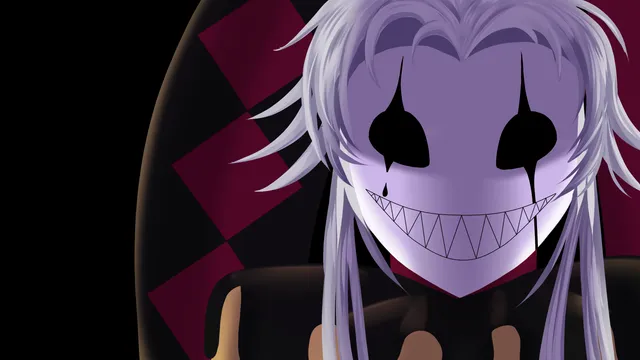 The Freak Circus cover art: Pierrot, a white-haired clown with black painted eyes and a wide jagged grin, against a red and black harlequin pattern