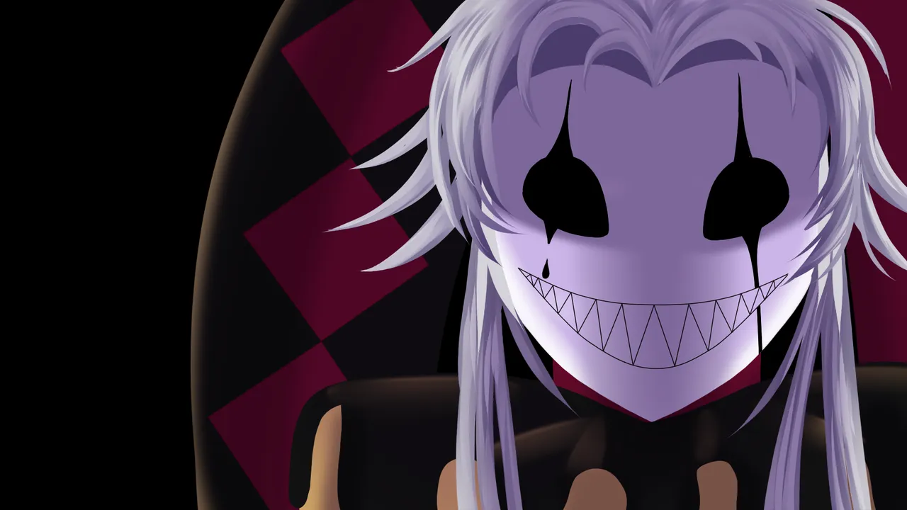 The Freak Circus cover art: Pierrot, a white-haired clown with black painted eyes and a wide jagged grin, against a red and black harlequin pattern