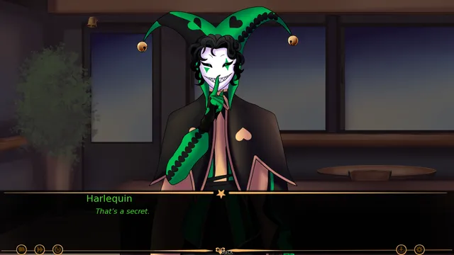 The Freak Circus screenshot: Harlequin in a green jester hat raises a finger to his lips in a café and says that's a secret