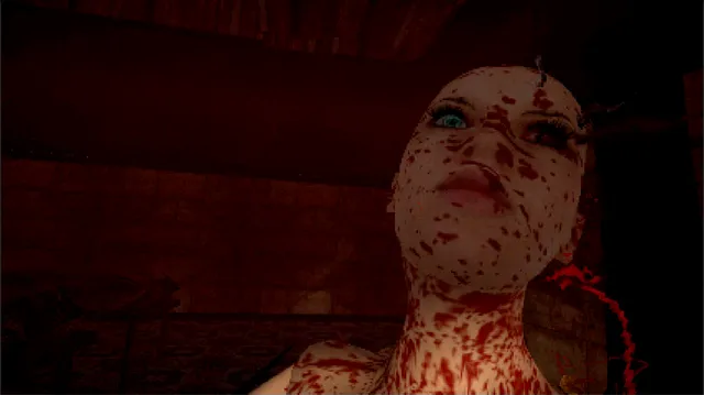 The Glass Staircase screenshot: a girl's face spattered with blood in a dark red room
