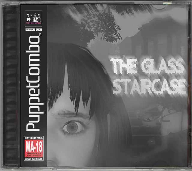 The Glass Staircase cover art: a girl's wide eye under dark bangs beside the title, styled as a PS1 disc case