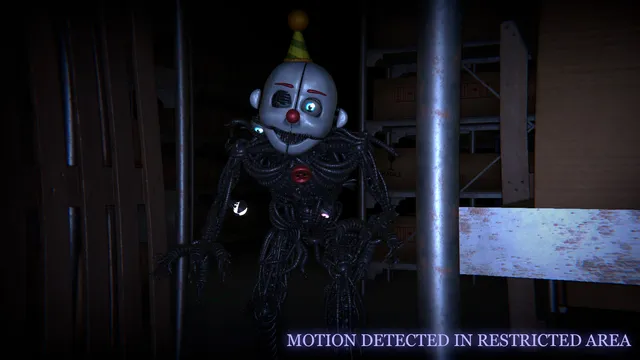 The Glitched Attraction screenshot: Ennard, a tangle of wires under a clown mask, in a storage room, with the words Motion detected in restricted area