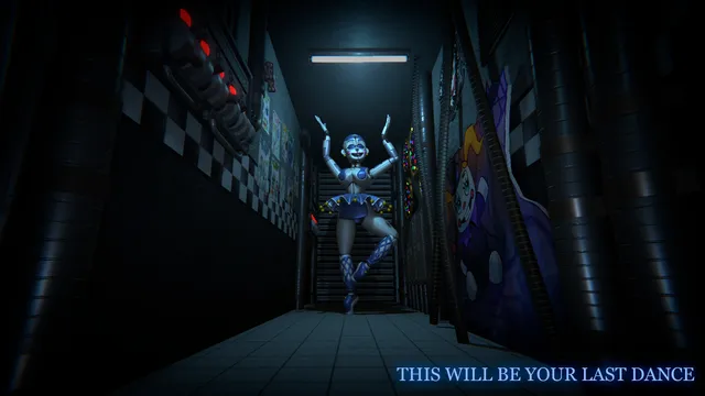 The Glitched Attraction screenshot: Ballora dances down a blue-lit corridor, with the words This will be your last dance
