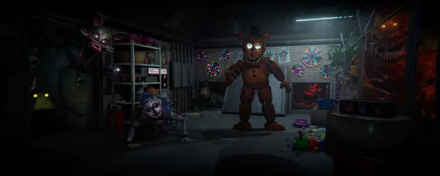 The Glitched Attraction banner: Freddy, Mangle, Ballora and other animatronics crowd a cluttered back room full of posters and prize wheels